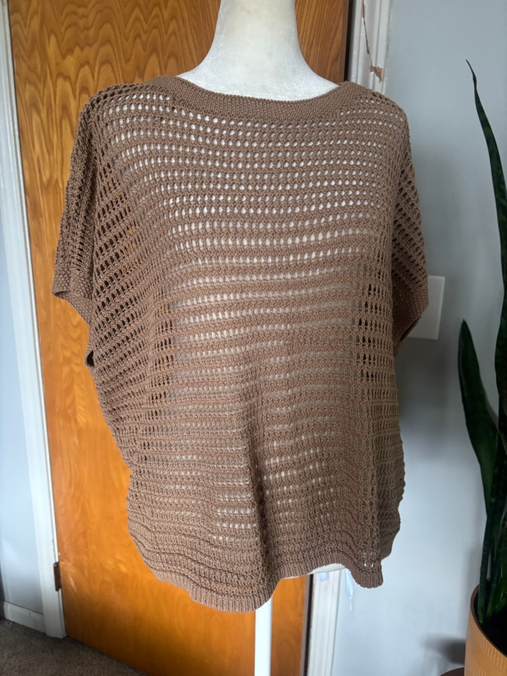 Max Studio Crochet Open-Knit Short Sleeve Top in Taupe